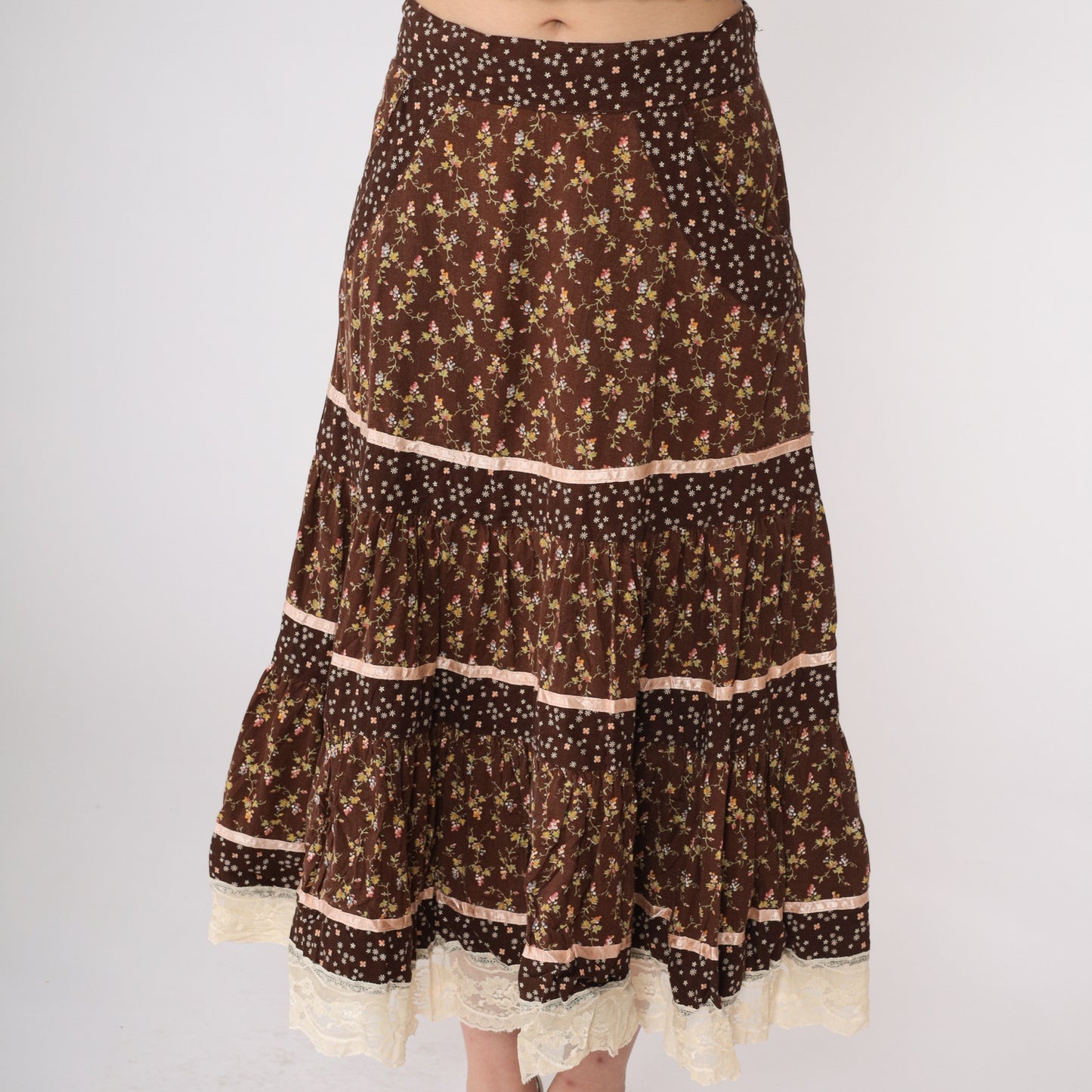 70's Ruffled Brown Floral Prairie Skirt