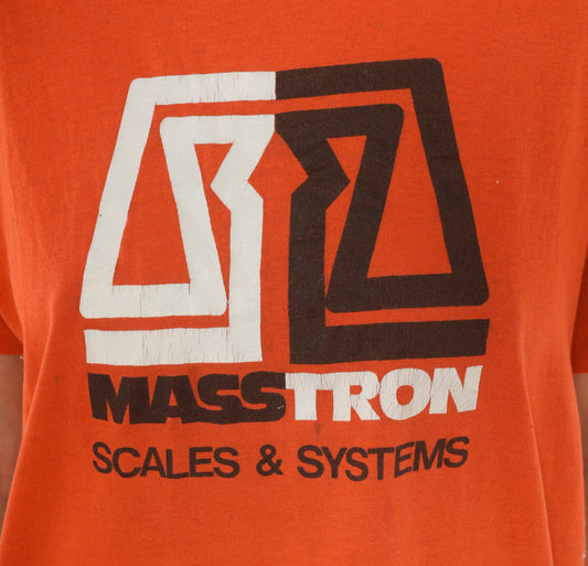 80s Masstron Scales Logo Tee Orange Corporate V Neck Short Sleeve Cotton Blend Vintage Industrial Company Promo Amber Work Shirt Medium M