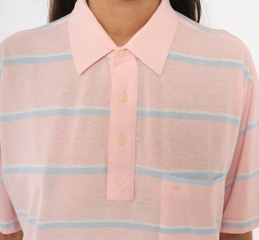 Christian Dior Polo 90s Striped Shirt Pink Blue Cotton Collared Top Pocket Pastel Blouse Preppy Collegiate Tennis Relaxed Fit Tee Large L