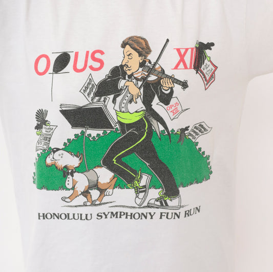 Opus XIII Honolulu Symphony Fun Run Tee 90s Crazy Shirt Violin Cartoon White Cotton Music Event Hawaii Print Illustrated Unisex Medium M