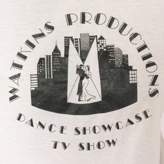 90s Watkins Productions Dance Showcase TV Show Ringer Tee Graphic Print White Black Trim Cotton Vintage Unisex Shirt Top Indie Large L