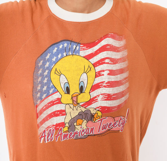 All American Tweety Sweatshirt 90s Looney Tunes Burnt Orange Raglan Sleeve Cartoon Flag Ringer Copper Vintage Warner Bros Sweater Small S