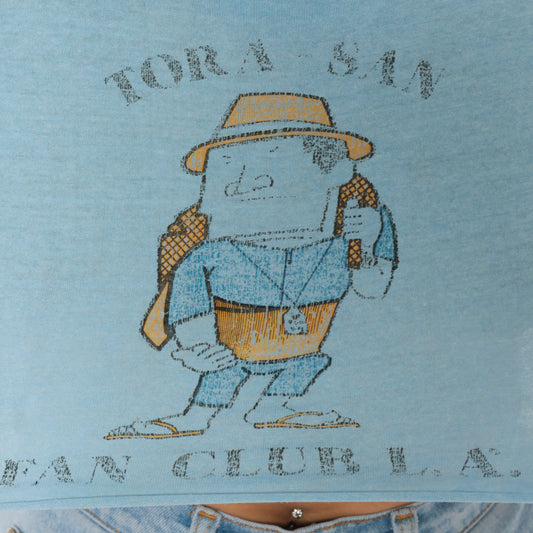 Tora San Fan Club LA Crop Top 80s Japanese Film Cartoon Graphic Tee Light Blue Cotton Cropped Baby Shirt Anime Character Vintage Medium M