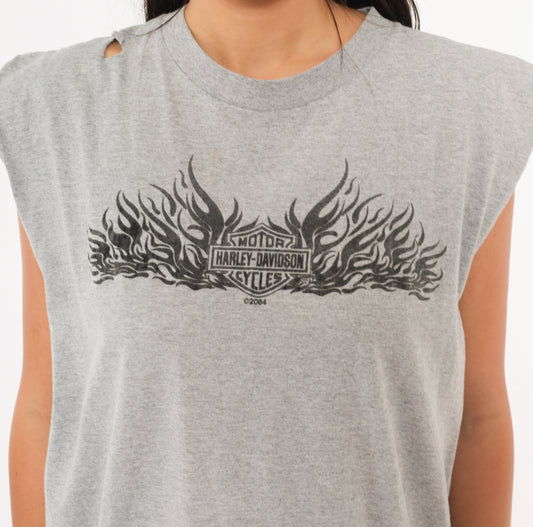 Harley Davidson Flames Sleeveless Tee 2004 Grey Motorcycle Biker Cut Off Tank Gray Cotton Distressed Grunge Muscle Shirt Vintage Large L