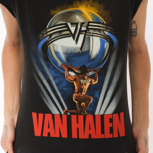 Van Halen 5150 Tour 1986 Band Tee Black Cotton Sleeveless Cut Off Muscle Shirt Rock Concert Gold Red Vintage Cap Sleeve Worn Faded Small S