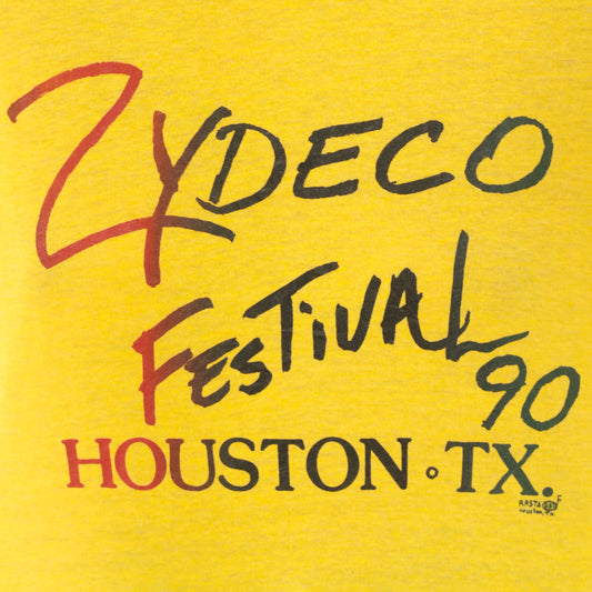 90 Zydeco Festival Houston Texas Tee Yellow Music Shirt Screen Stars Band Top Short Sleeve Graphic Gold Lemon Cotton Vintage Unisex Large L