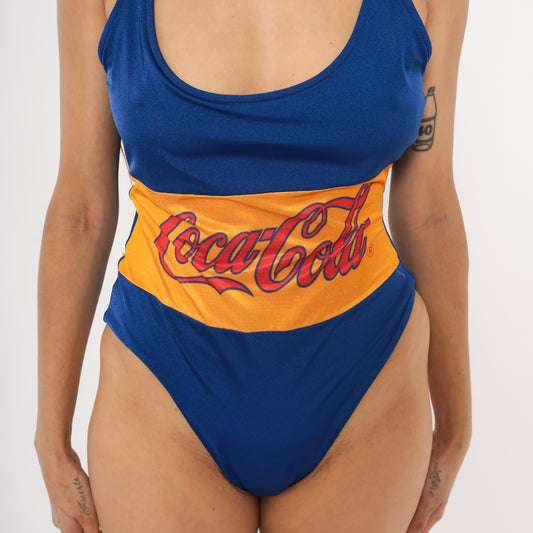 Coca Cola Swimsuit 80s One Piece Bathing Suit Cobalt Blue Yellow Low Back Swim Bodysuit Vintage Beach Pool Summer Pin Up Medium Large M L