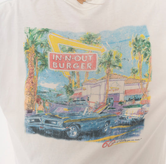 In N Out Burger Tee 90s Graphic Restaurant White Cotton Boxy Short Sleeve Palm Tree Classic Car California Streetwear Vintage Shirt Large L