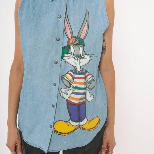 Bugs Bunny Denim Shirt 90s Looney Tunes Chambray Cartoon Top Collared Light Blue Jean Blouse Cotton Vintage Summer Spring Nostalgic Medium M