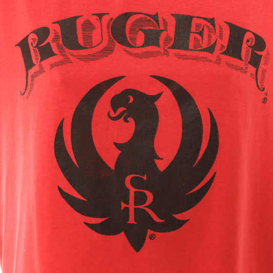 Ruger Firearms Tee 80s Graphic Eagle Logo Print Red Short Sleeve Boxy Fit Streetwear Brand Promo Shirt Crimson Black Vintage Extra Large XL