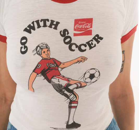 80s Coca Cola Soccer Ringer Tee Coke Print White Red Baby Crop Top Cotton Sporty Collegiate Vintage Athletic Shirt Extra Extra Small XXS