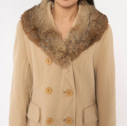 Fur Collar Wool Coat 60s Double Breasted Camel Tan Button Front Winter Jacket Warm Brown Neckline Princess Seam Vintage Outerwear Medium M
