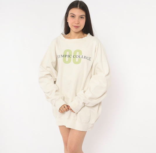 Olympic College Sweatshirt 90s Cream Collegiate Pullover Crewneck Cotton Ivory Preppy University Graphic Print Sage Green Spell Out Vintage Extra Large XL
