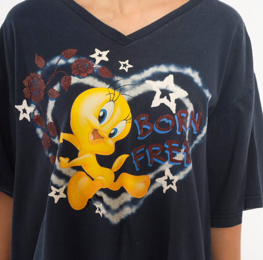 Tweety Bird Tee 90s Looney Tunes Born Free Graphic V Neck Cotton Navy Blue Cartoon Stars Heart Boxy Relaxed Fit Dark Shirt Plus Size 2X XXL