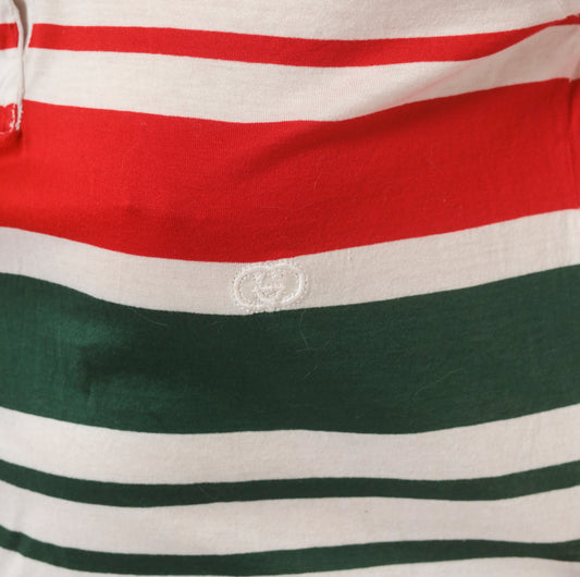 80s Gucci Striped Polo Red Green White Cotton Collared Italian Designer Short Sleeve Knit Top Preppy Collegiate Tennis Style Tee Small S