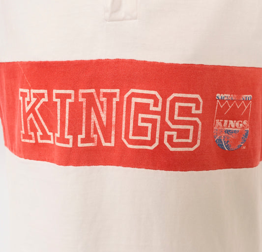 80s Sacramento Kings Polo Shirt NBA White Red Cotton Long Sleeve Collared Rugby Basketball Pullover Button Front Boxy Fit Sports Fan Graphic Top Vintage Medium M