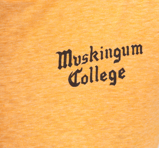 Muskingum College Tee 80s Heathered Gold Cotton University Shirt Mustard Yellow Collegiate Preppy Academic Vintage Top Extra Small XS