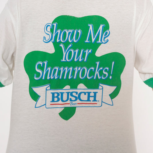 80s St Patricks Day Shamrock Busch Beer Ringer Tee Irish Green White Cotton Graphic Drinking Pub Bar Vintage Short Sleeve Shirt Large L