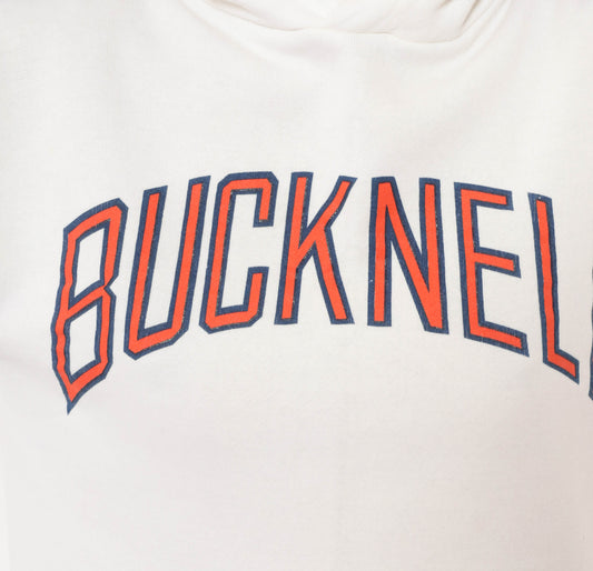 Bucknell University Hoodie 90s Russell Athletic Collegiate Pullover Sweatshirt White Kangaroo Pocket Logo Preppy Cream Hooded Top Medium M