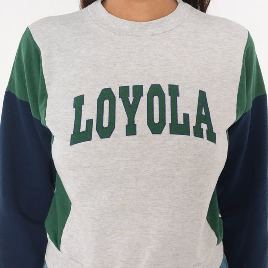 90s Loyola Colorblock Sweatshirt Grey Green Navy Blue Collegiate Varsity Pullover University Cropped Preppy Academic Vintage Extra Small XS