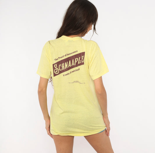 80s Schnaaple Liquor Tee Print Alcohol Shirt Yellow Brown Graphic Double Sided Cotton Crew Neck Short Sleeve Funny Vintage Humor Medium M