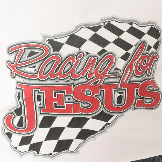 Racing For Jesus Crop Top White Checkered Flag Graphic Tee 2000s Motorsport Print Cotton Cropped Shirt Number Seven Novelty Small S
