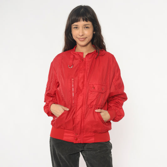 Budweiser Bomber Jacket 80s Red Coral Windbreaker Zip Front Beer Branded Sporty Vintage Ribbed Cuffs Sportswear Track Jacket Unisex Medium M