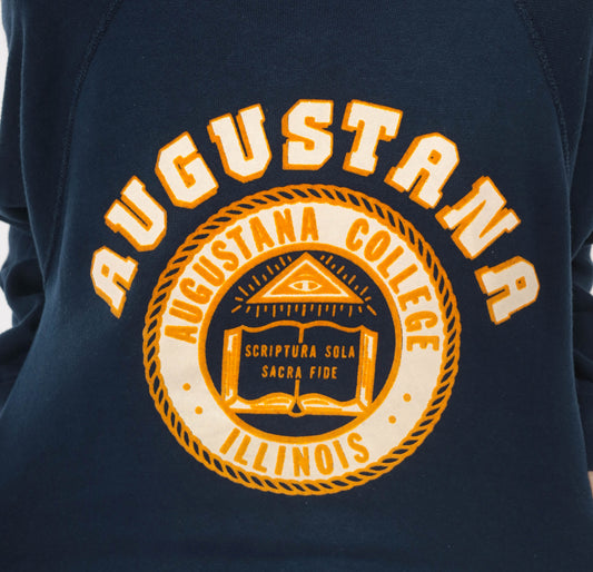 Augustana College Sweatshirt 80s Navy Blue Raglan Sleeve Collegiate University Illinois Crest Seal Pullover Cotton Yellow Vintage Medium M