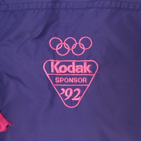Kodak Olympic 92 Windbreaker Columbia Purple Pink Neon Colorblock Sponsor Zip Front Shell Jacket 90s Sportswear Streetwear Vintage Large L