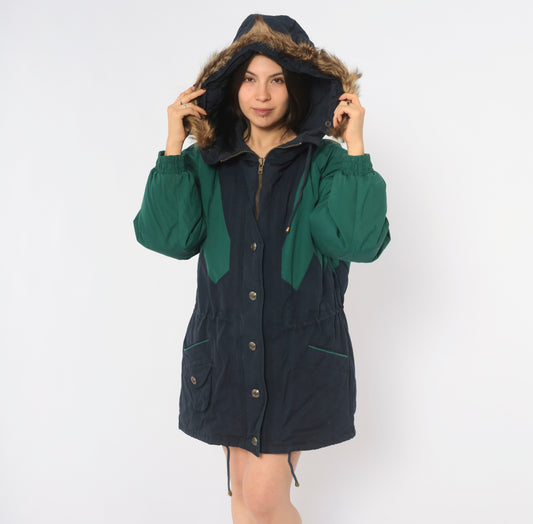 90s Mulberry Street Parka Teal Green Navy Color Block Hooded Coat Fur Trim Zip Snap Front Drawstring Waist Cotton Puffer Winter Jacket Patch Pocket Gorpcore Medium M