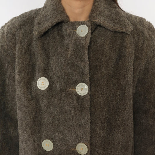 70s Faux Fur Coat Grey Double Breasted Jacket Quilted Lining Belted Back Peacoat Ash Charcoal Fuzzy Winter Outerwear Mob Wife Warm Button Front Vintage Small Medium S M