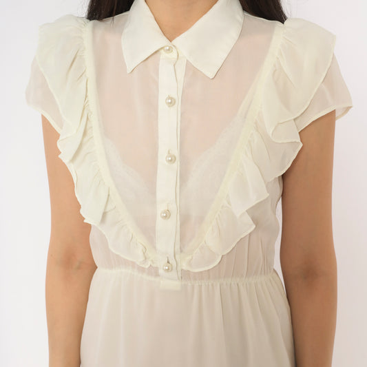 Sheer Ruffle Bib Dress Cream Chiffon Pearl Button Front Collar Cap Sleeve Elastic Waist Mini Ivory Coquette Fairycore 2000s Y2K Feminine Off White Vintage Small S