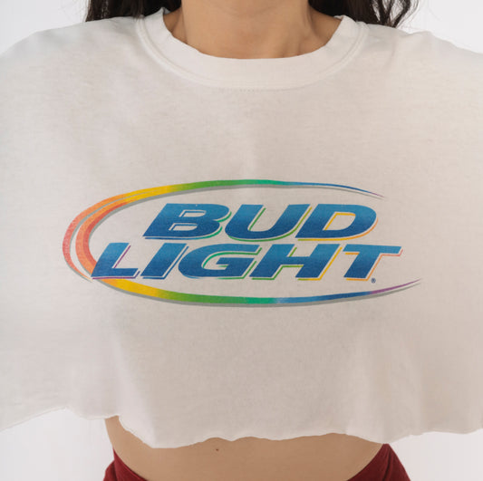 Y2K Bud Light Crop Top White Cotton Tee Rainbow Logo Graphic Cropped T Shirt Short Sleeve Crew Neck Boxy Raw Hem Northalsted Beer Pride Gildan Womens Vintage Small S
