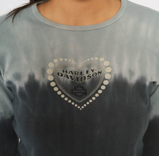 Harley Davidson Top Y2K Tie Dye Ombre Blue Navy Gray Cotton Long Sleeve Crop Shirt Heart Graphic Biker Motorcycle Crew Neck Grunge Rocker Fitted Womens Medium M