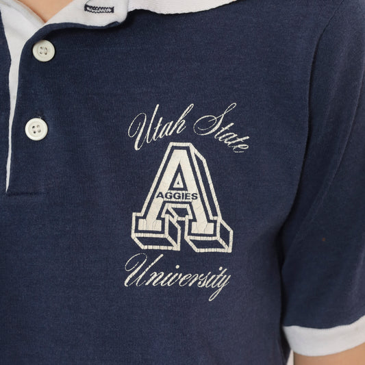 80s Utah State Aggies Crop Top Navy Blue Cotton Polo Shirt White Collar Yellow Stripe Trim Short Sleeve Collegiate University Cropped Preppy Sporty Boxy Tee Small S