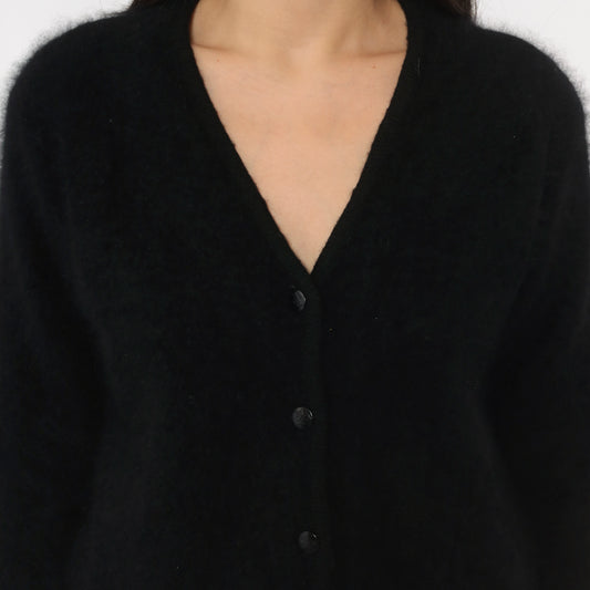 Y2K Black Fuzzy Cardigan Fluffy V Neck Button Front Knit Sweater Patch Pockets Long Sleeve Boxy Goth Grandpacore Knitwear Layering Top Elegant Eve Vintage Extra Small XS