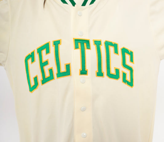80s Celtics Warm Up Jacket Jersey NBA Basketball Cream Green Shamrock Patch Varsity Striped Collar Cuff Sports Ivory Athletic Top Medium M