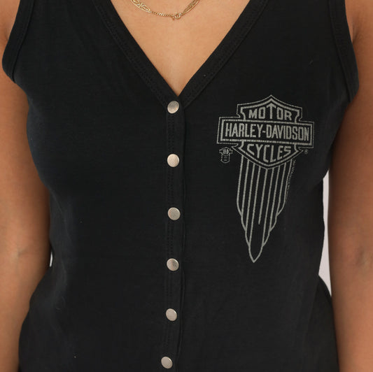 80s Harley Davidson Tank Top Black Snap Front V Neck Sleeveless Cotton Biker Vest Motorcycle Logo Graphic Fitted Rocker Moto Shirt Grunge Womens Vintage Large L