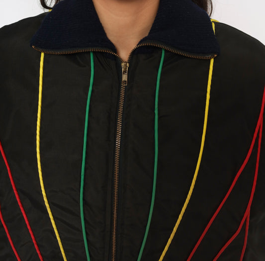 80s Black Bomber Jacket Red Yellow Green Piping Zip Front Quilted Lining Ribbed Collar Navy Boxy Fit Rasta Color Stripe Racing Windbreaker Coat Womens Vintage Medium M
