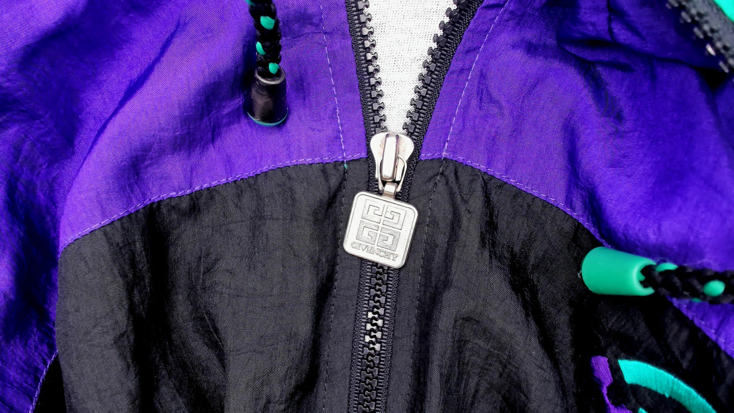 90s Givenchy Windbreaker Purple Teal Black Color Block Zip Front Track Jacket Colorful Athletic Sporty Streetwear Magenta Extra Large XL