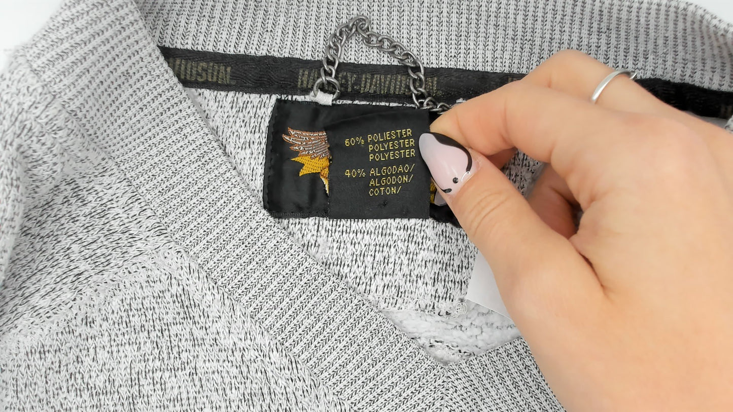 Harley Davidson Sweater Y2K Grey V Neck Pullover Biker Motorcycle Embroidered Stripe Hem Cotton Blend Charcoal Silver Unisex Vintage Large L