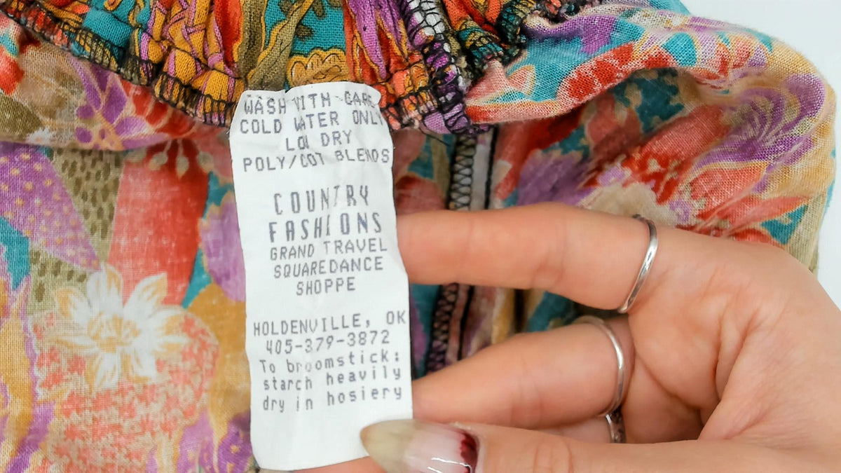 90s Country Fashions Cactus Floral Tiered Midi Skirt Teal Rust Purple Large