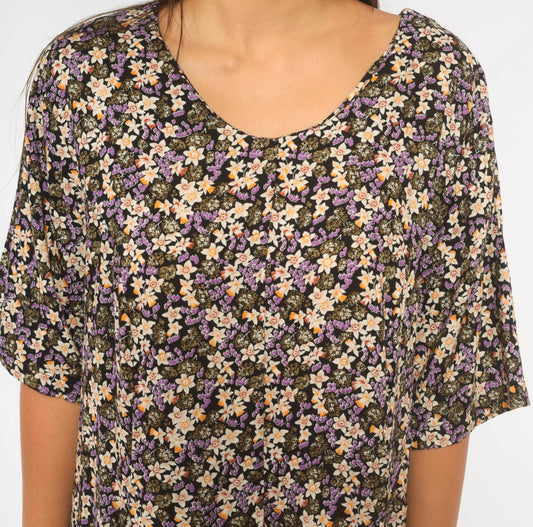 90s High Advantage Floral Romper Black Purple Ditsy Print Wide Leg Large L