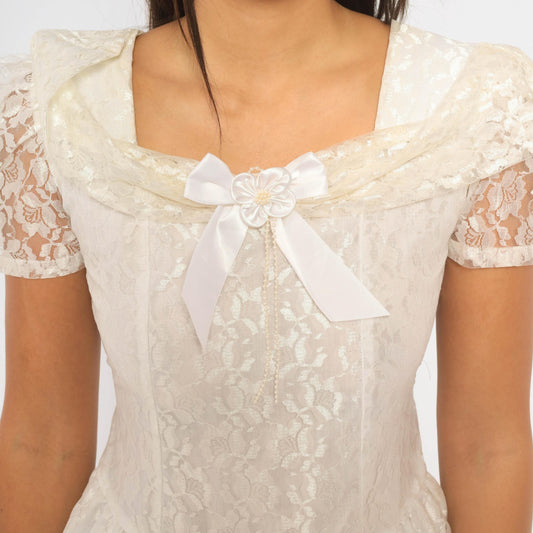 90s Rose Cottage White Lace Dress Square Neck Drop Waist Satin Bow Extra Small XS