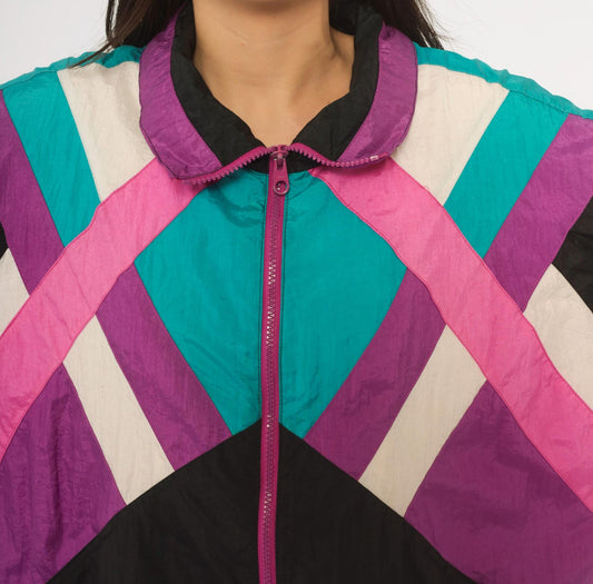 90s R.E. Sport Color Block Windbreaker Black Purple Teal Pink Chevron Extra Large XL