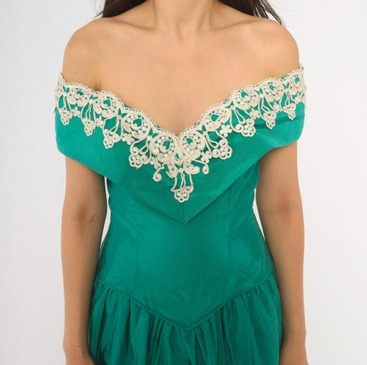 80s Teal Off-Shoulder Prom Dress Lace Trim Drop Waist Sweetheart Neckline Medium