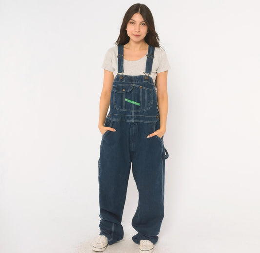 Y2K Key Denim Bib Overalls Dark Blue Wide Leg Carpenter Workwear Medium