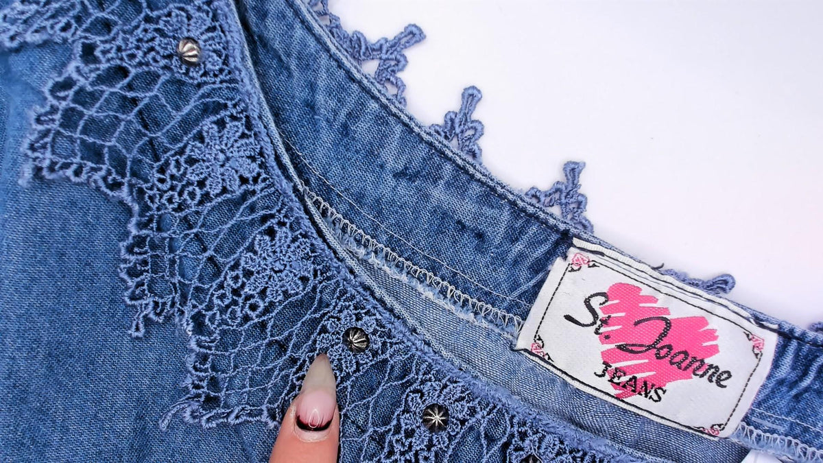 90s St. Joanne Jeans Denim Blouse Blue Chambray Crochet Lace Boxy Large L