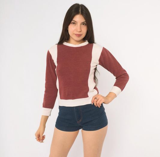 80s Color Block Crewneck Sweatshirt Burgundy White Cropped Knit XXS
