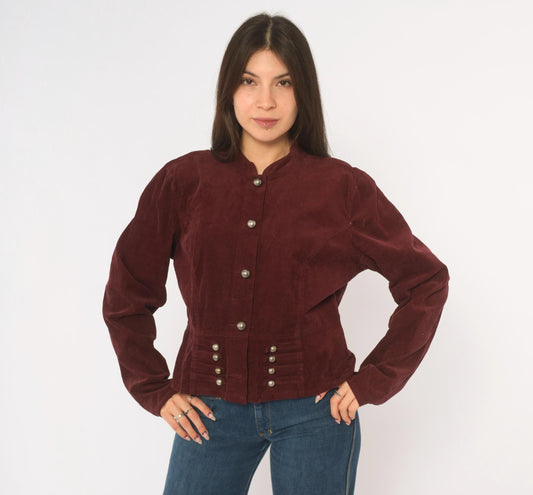 Y2K Burgundy Corduroy Jacket Cropped Military Stand Collar Peplum Large L